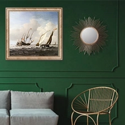 «Голландский корабль, яхта и малые лодки в бриз» в интерьере классической гостиной с зеленой стеной над диваном