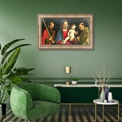 «Дева Мария с ребенком со святыми Павлом и Франсисом» в интерьере гостиной в зеленых тонах