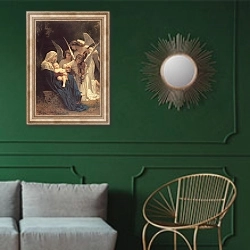 «Песня ангелов ( мадонна с ангелами )» в интерьере классической гостиной с зеленой стеной над диваном