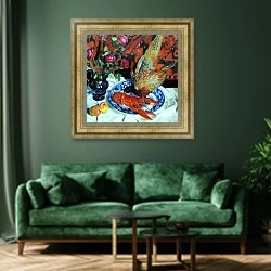 «Натюрморт. Омар и фазан. 1912» в интерьере зеленой гостиной над диваном