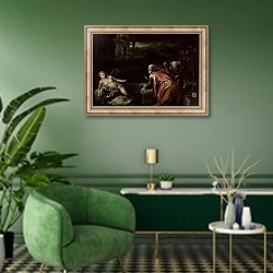 «Susanna and the Elders, 1585» в интерьере гостиной в зеленых тонах