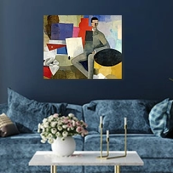 «The Seated Man, or The Architect» в интерьере современной гостиной в синем цвете