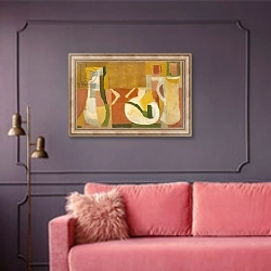 «Natura morta con la pipa, 1954» в интерьере гостиной с розовым диваном