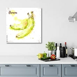 «Акварельный банановый эскиз» в интерьере кухни в голубых тонах