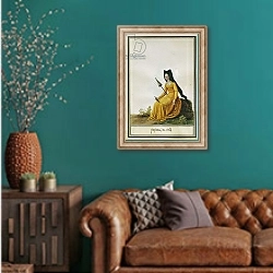 «French woman farmer spinning, by Pierre Antoine Leboux de La Mesangere, watercolor» в интерьере гостиной с зеленой стеной над диваном