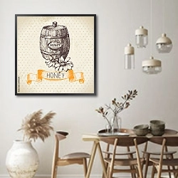 «Иллюстрация с бочонком мёда» в интерьере кухни в стиле ретро над обеденным столом