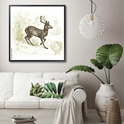«Молодой олень, ретро» в интерьере светлой гостиной в скандинавском стиле над диваном