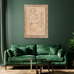 «Lyrespillende muse» в интерьере зеленой гостиной над диваном