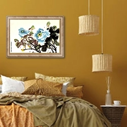 «Китайские голубые пионы» в интерьере спальни  в этническом стиле в желтых тонах