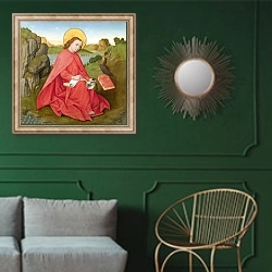 «Святой Джон на Патмосе» в интерьере классической гостиной с зеленой стеной над диваном