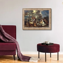 «The Sacrifice of Noah, c.1640» в интерьере гостиной в бордовых тонах