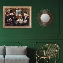«Поездка на омнибусе в цирк Пикадилли» в интерьере классической гостиной с зеленой стеной над диваном