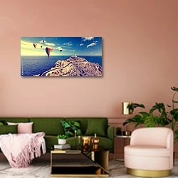 «Воздушные шары на мысе Форментор» в интерьере современной гостиной с розовой стеной