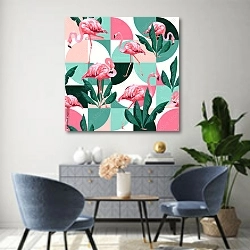 «Узор из банановых листьев и розовых фламинго» в интерьере современной гостиной над комодом