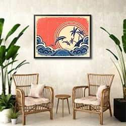 «Дельфины в море» в интерьере комнаты в стиле ретро с плетеными креслами