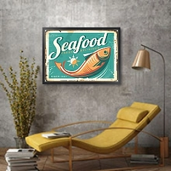 «Морепродукты, ретро вывеска для ресторана» в интерьере в стиле лофт с желтым креслом