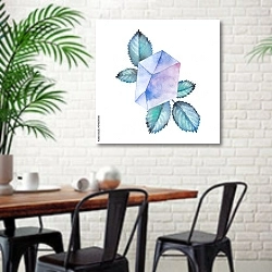 «Маленький акварельный кристалл и розовые листья» в интерьере столовой в скандинавском стиле с кирпичной стеной