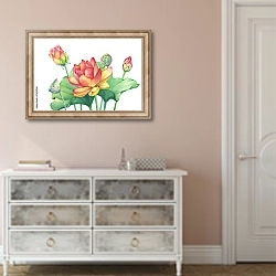 «Акварельные цветы, листья и плоды розового лотоса» в интерьере коридора в стиле прованс в теплых тонах
