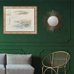 «Fisherman and reeds, album leaf painting» в интерьере классической гостиной с зеленой стеной над диваном