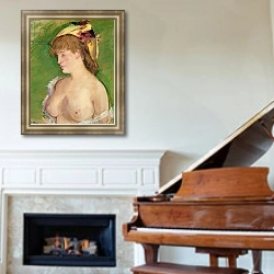 «The Blonde with Bare Breasts, 1878» в интерьере классической гостиной с зеленой стеной над диваном