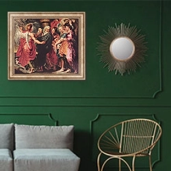 «Лот с семьей покидает Содом» в интерьере классической гостиной с зеленой стеной над диваном