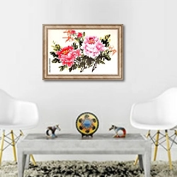 «Розовые китайские пионы» в интерьере гостиной в этническом стиле над столом