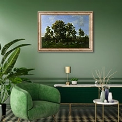«Солнечные дни в лесу» в интерьере гостиной в зеленых тонах