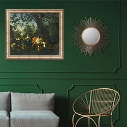 «Крестьяне со скотом переходям ручей» в интерьере классической гостиной с зеленой стеной над диваном