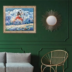 « Лыжник в полете на фоне снежных гор» в интерьере классической гостиной с зеленой стеной над диваном