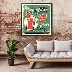 «Ретро плакат с коктейлем кровавая мэри» в интерьере гостиной в стиле лофт над диваном