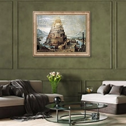 «Construction of the Tower of Babel» в интерьере гостиной в оливковых тонах