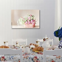 «Розовые пионы в корзине №2» в интерьере кухни в стиле прованс над столом с завтраком