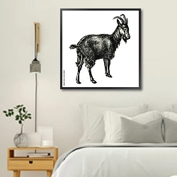 «Ретро-иллюстрация козы» в интерьере белой спальни в скандинавском стиле