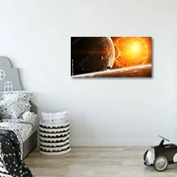«Взрыв солнца в пространстве рядом с планетой» в интерьере детской комнаты для мальчика в светлых тонах