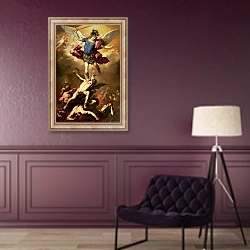 «Archangel Michael overthrows the rebel angel, c.1660-65» в интерьере в классическом стиле в фиолетовых тонах