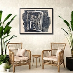 «Fantasiekop; profielkop in arceringen» в интерьере комнаты в стиле ретро с плетеными креслами
