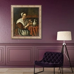 «A woman smoking a pipe at a table» в интерьере в классическом стиле в фиолетовых тонах