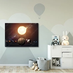 «Солнечная система 3» в интерьере детской комнаты для мальчика с росписью на стенах