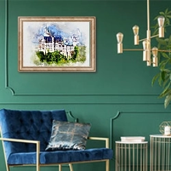 «Рисунок замка Нойшванштайн» в интерьере в классическом стиле с зеленой стеной