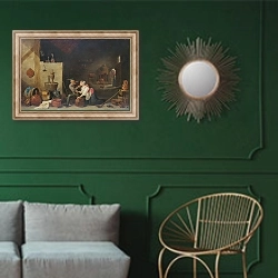 «Престарелый крестьянин пристает к служанке в конюшне» в интерьере классической гостиной с зеленой стеной над диваном