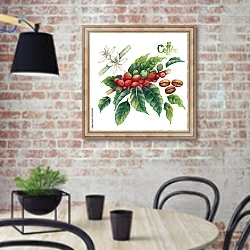 «Акварельные кофейные ягоды, цветы и зерна» в интерьере современной кухни с кирпичной стеной