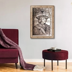 «Maximilian I, Emperor of Germany, 1518» в интерьере гостиной в бордовых тонах