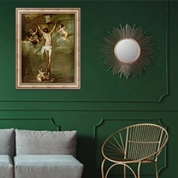 «Christ attended by angels holding chalices» в интерьере классической гостиной с зеленой стеной над диваном