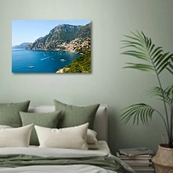 «Италия, Амальфитанское побережье, Позитано» в интерьере современной спальни в зеленых тонах