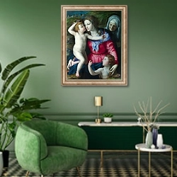 «Мадонна с младенцем и Святыми 4» в интерьере гостиной в зеленых тонах