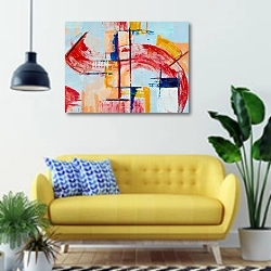 «Абстракция с красным изгибом» в интерьере современной гостиной с желтым диваном