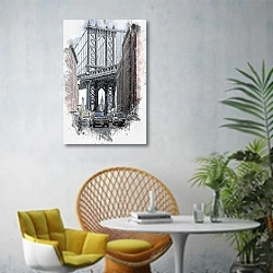 «Манхэттенский мост и дорога» в интерьере современной гостиной с желтым креслом