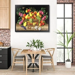 «Apples, pears. grapes and plums, 1999» в интерьере кухни с кирпичными стенами над столом
