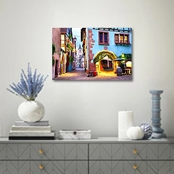 «Красочный город Риквир, Эльзас, Франция» в интерьере современной гостиной с голубыми деталями