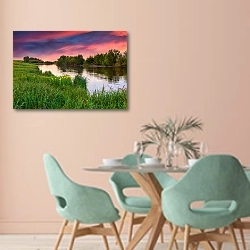 «Цветущий луг у реки. Закат» в интерьере современной столовой в пастельных тонах